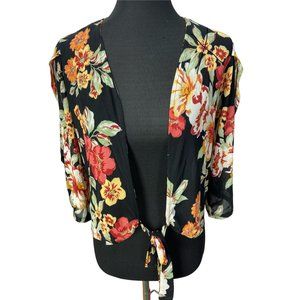 AUW Floral Tie Front Mesh Cardigan‎ Black Red Yellow Shrug Size M